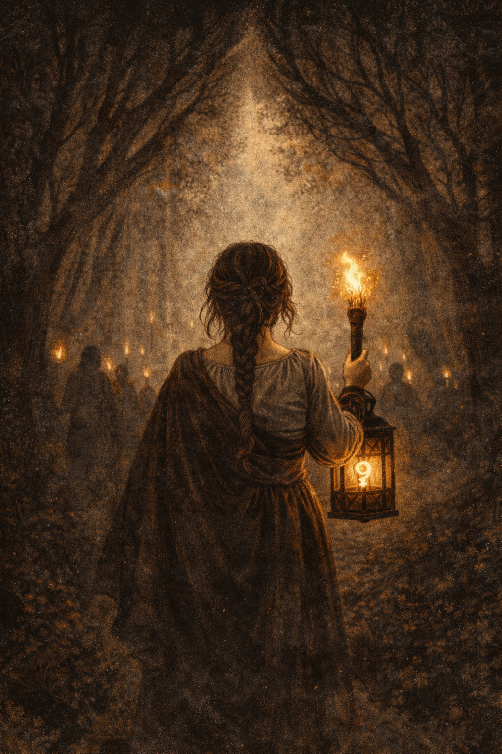 Mujer con antorcha en el bosque